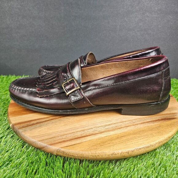 GH Bass & Co Men’s Size 11.5M Burgundy Leather Fringe Buckle Loafers Shoes - Picture 5 of 11